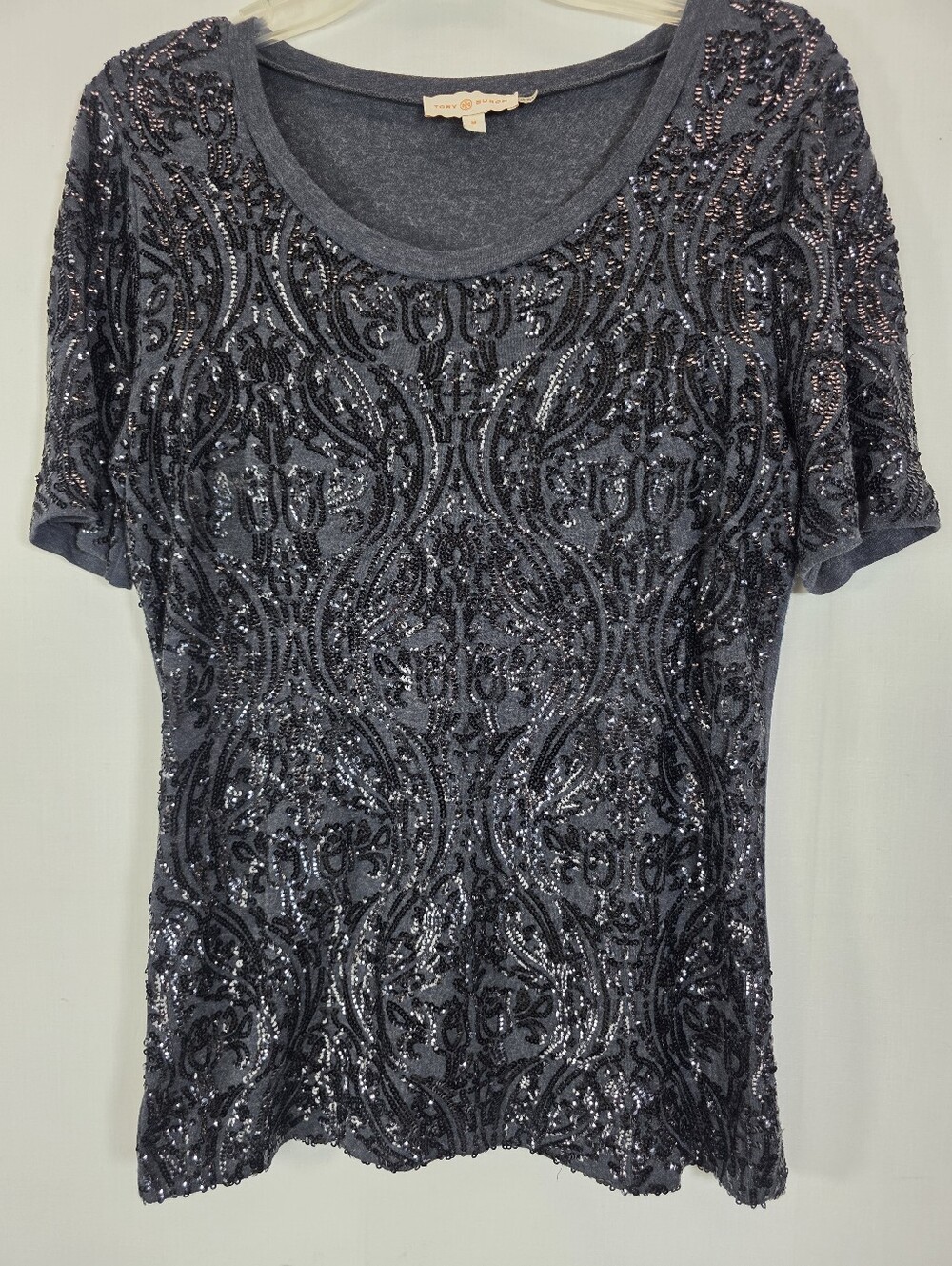 Tory Burch Charcoal Grey Sequin Damask Embellished Wool Blend Top M